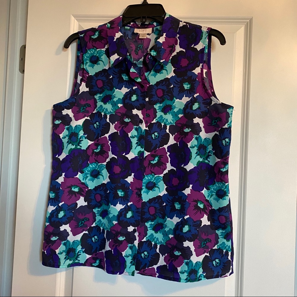 Loft Purple Flower Button Down Blouse Size M